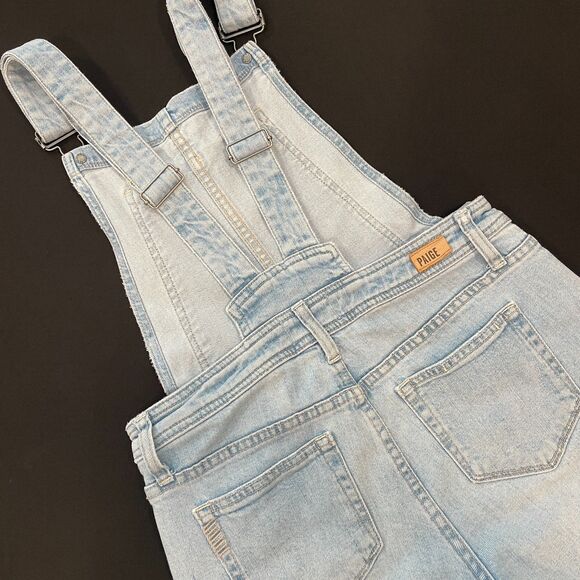 ~ PAIGE XS 26 Overalls Boho Light Blue Wash High Rise Sierra Denim Raw Hem 2 4 - Picture 14 of 16